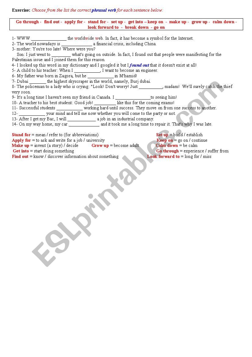 Worksheet _ some common phrasal verbs 