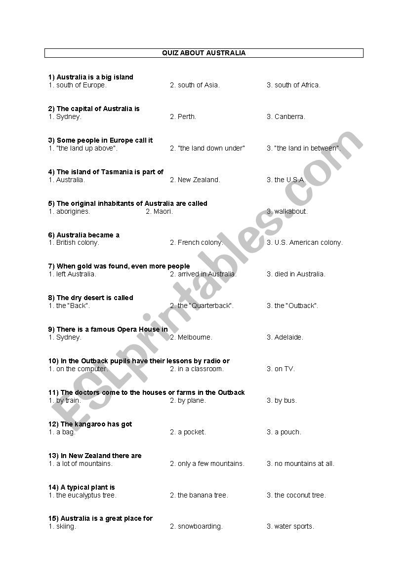 Quiz about Australia worksheet
