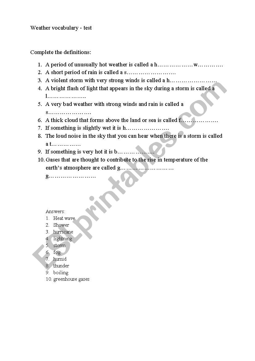 Weather vocabulary test worksheet