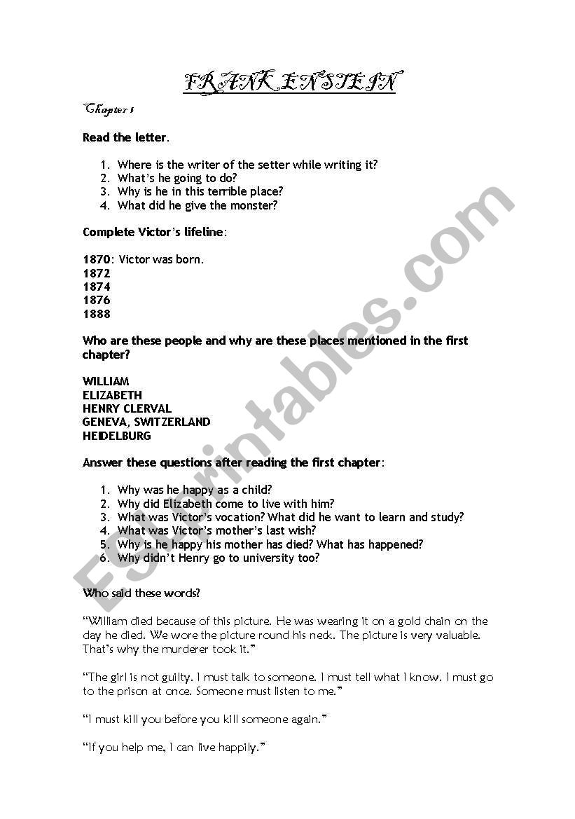 FRANKENSTEIN worksheet