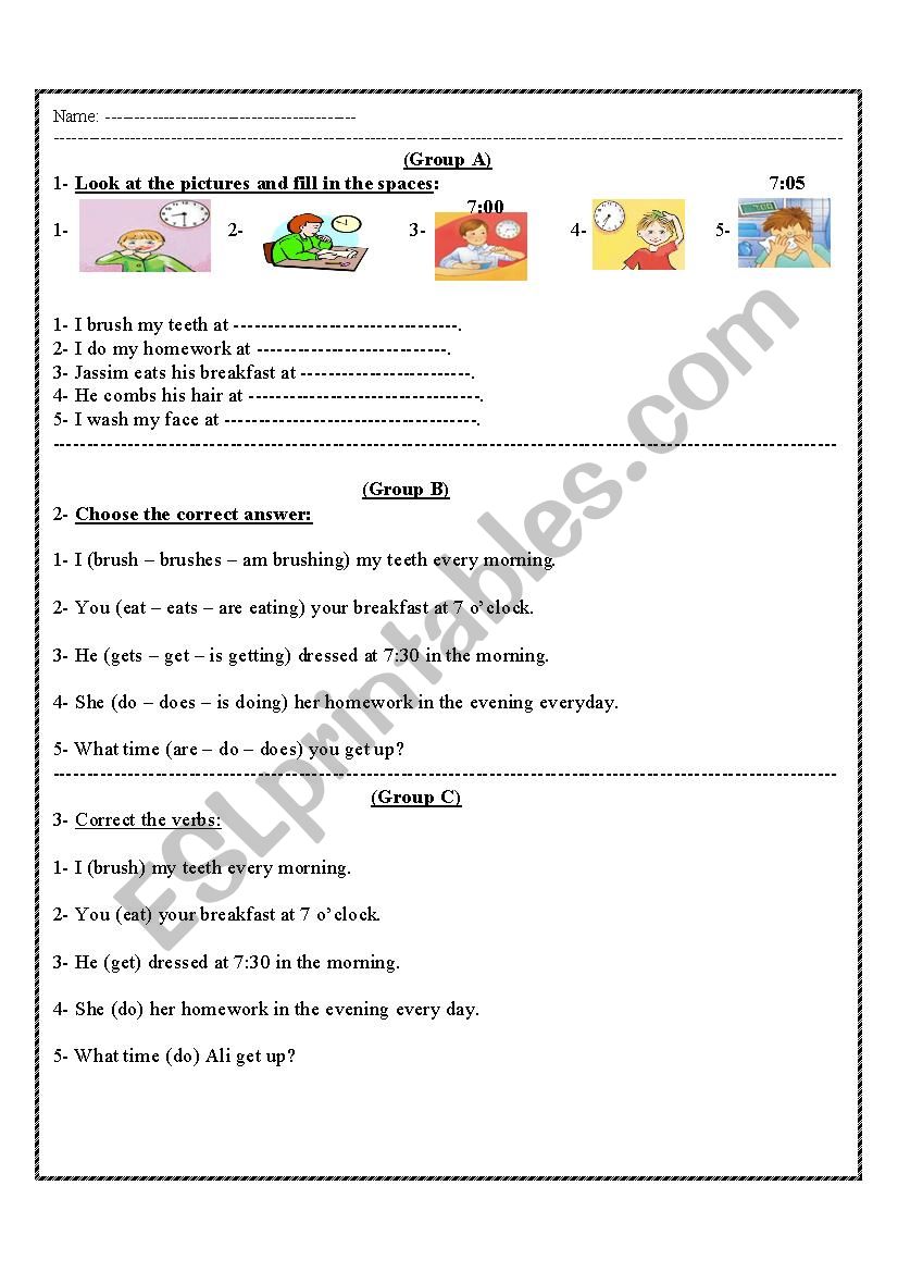 time and activities worksheet