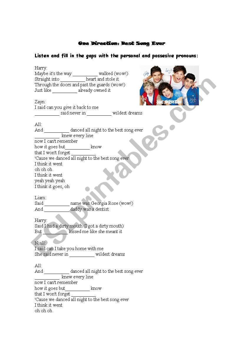 One Direction Best Song Ever worksheet