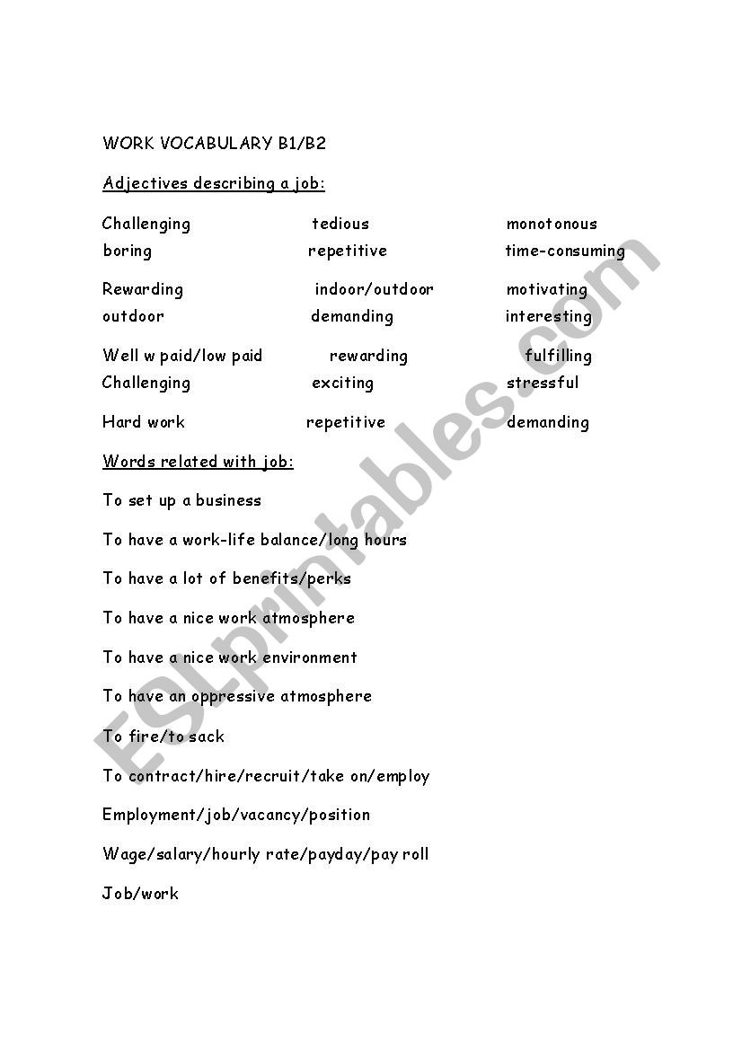 work  vocabulary and activitiesB1/B2