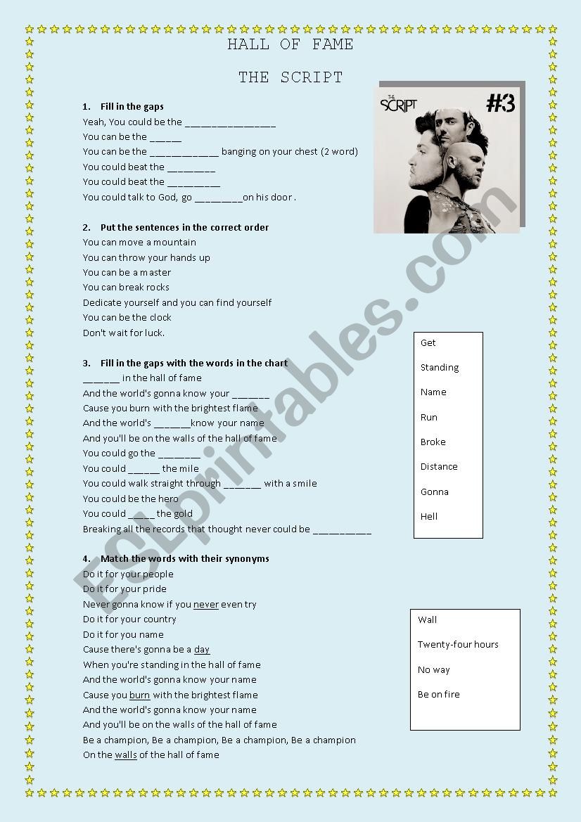 HALL OF FAME THE SCRIPT worksheet