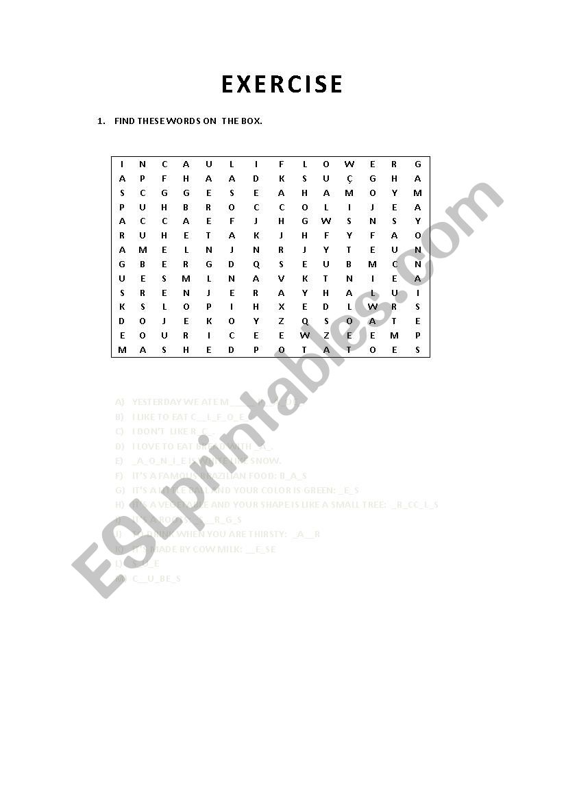 exercise about Foods worksheet