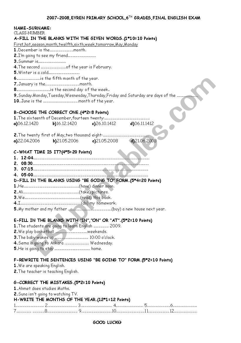 Exam questions worksheet