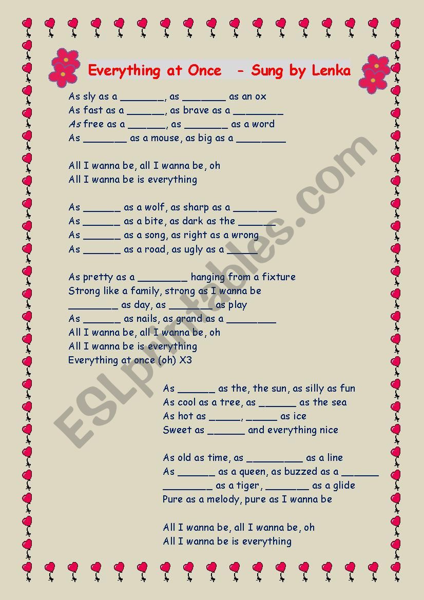 Song Activity-as as  expression(Everything at once by Lenka)