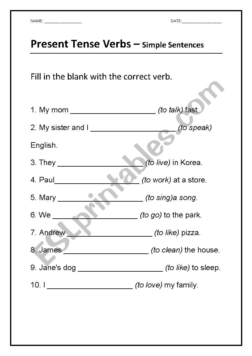 Present Tense - Simple Sentences