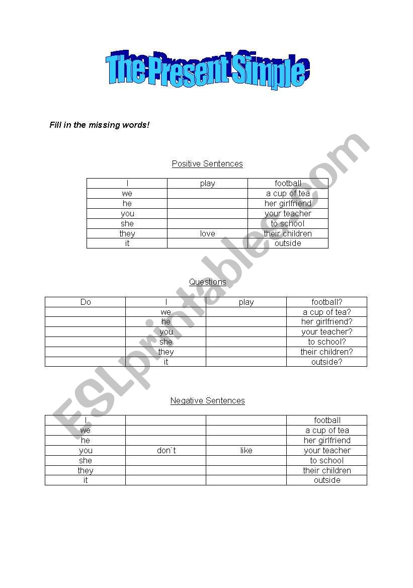 the present simple:examples worksheet