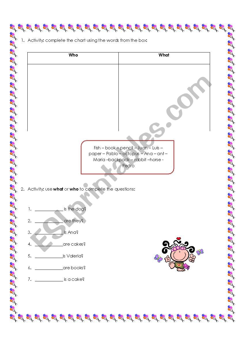 who / what worksheet