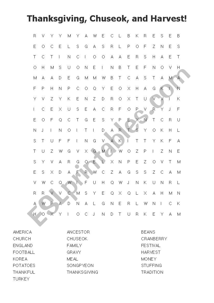 Chuseok Thanksgiving and Harvest Word Search