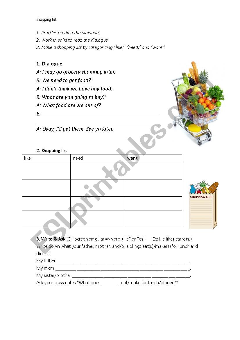 Making a shopping list worksheet