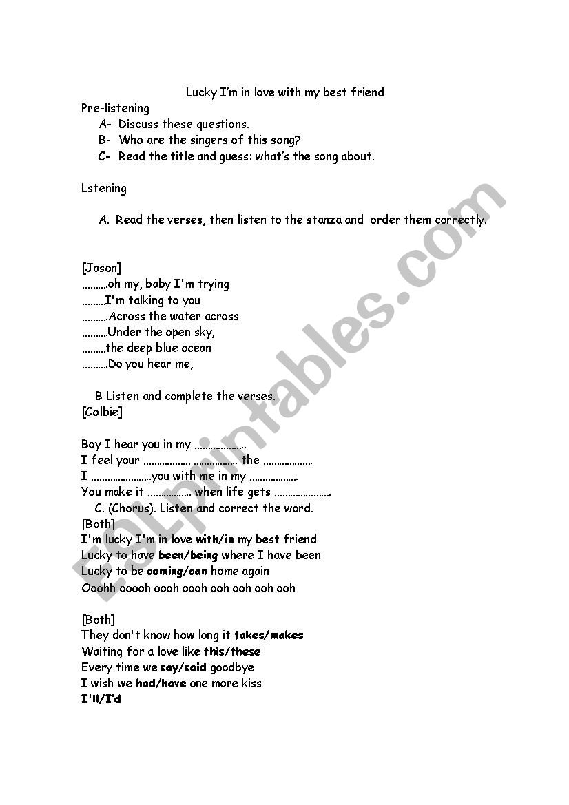 lucky by glee worksheet