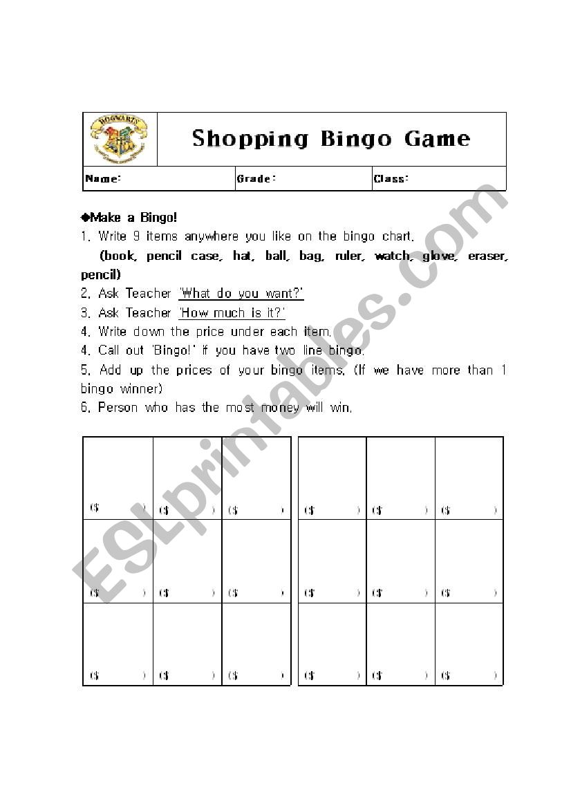 shopping worksheet