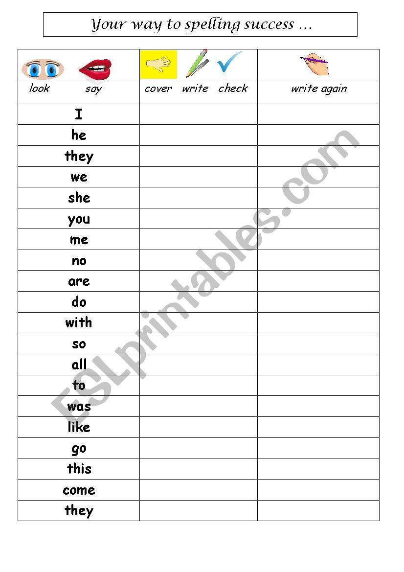 Spelling success worksheet