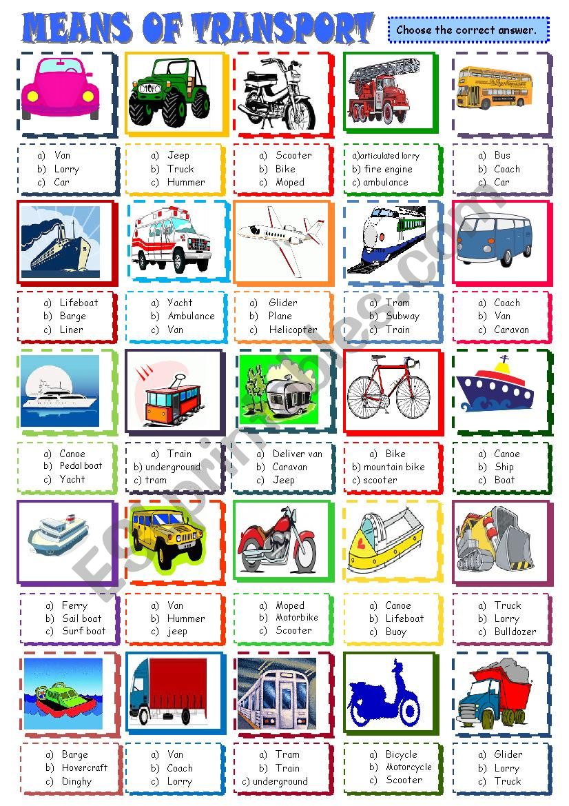 Means of transport multiple choice activity