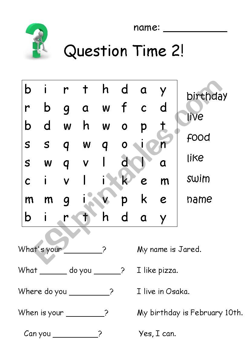 Questions Wordsearch 2 worksheet