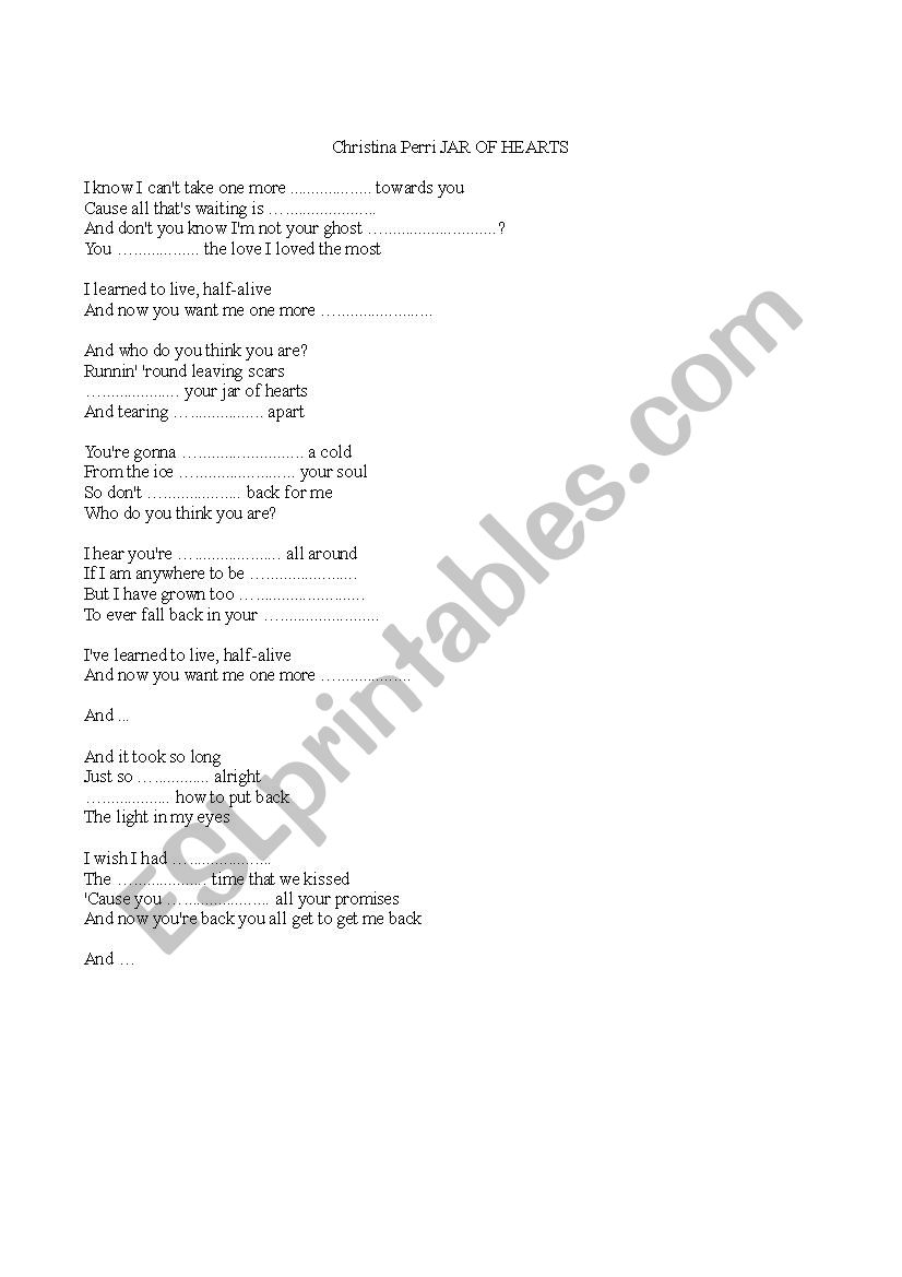 jar of hearts worksheet