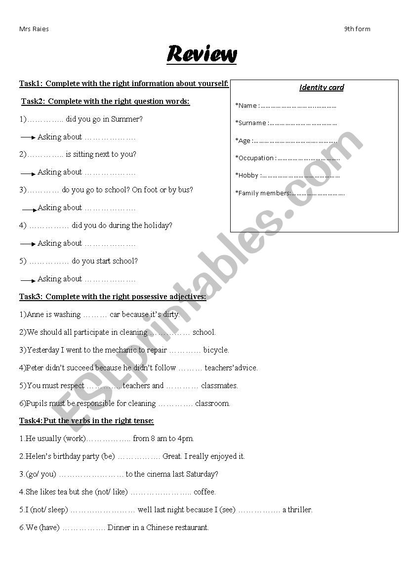 Review 9th form (1st meeting) worksheet