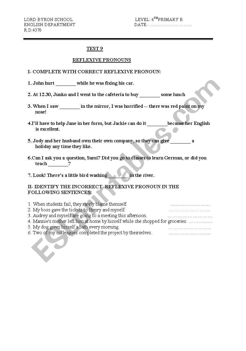 REFLEXIVE PRONOUNS worksheet