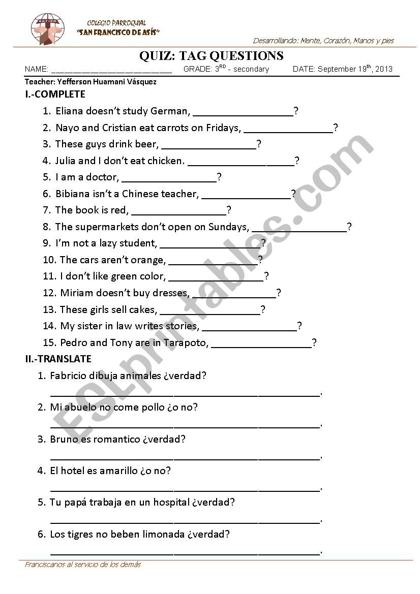 Tag questions worksheet