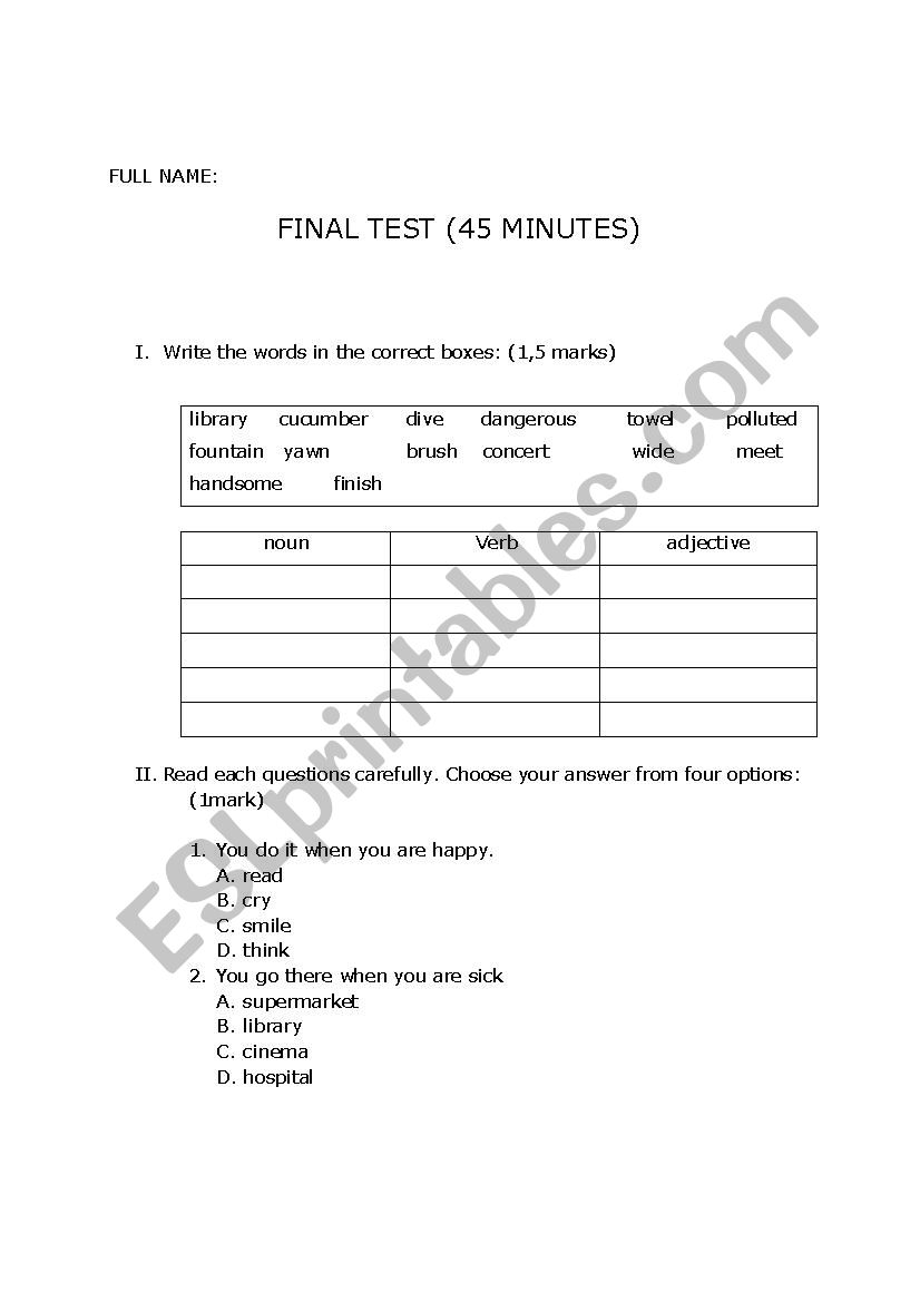 Exam test  worksheet