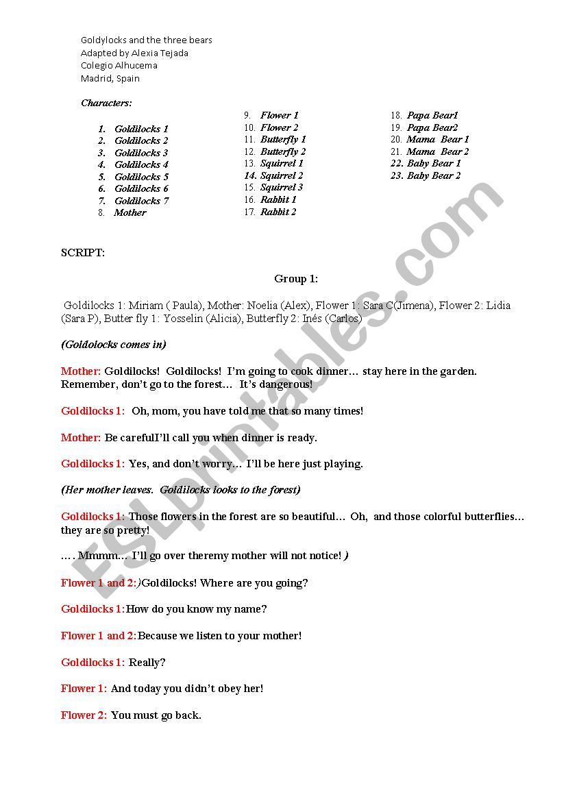 Script Goldilocks worksheet