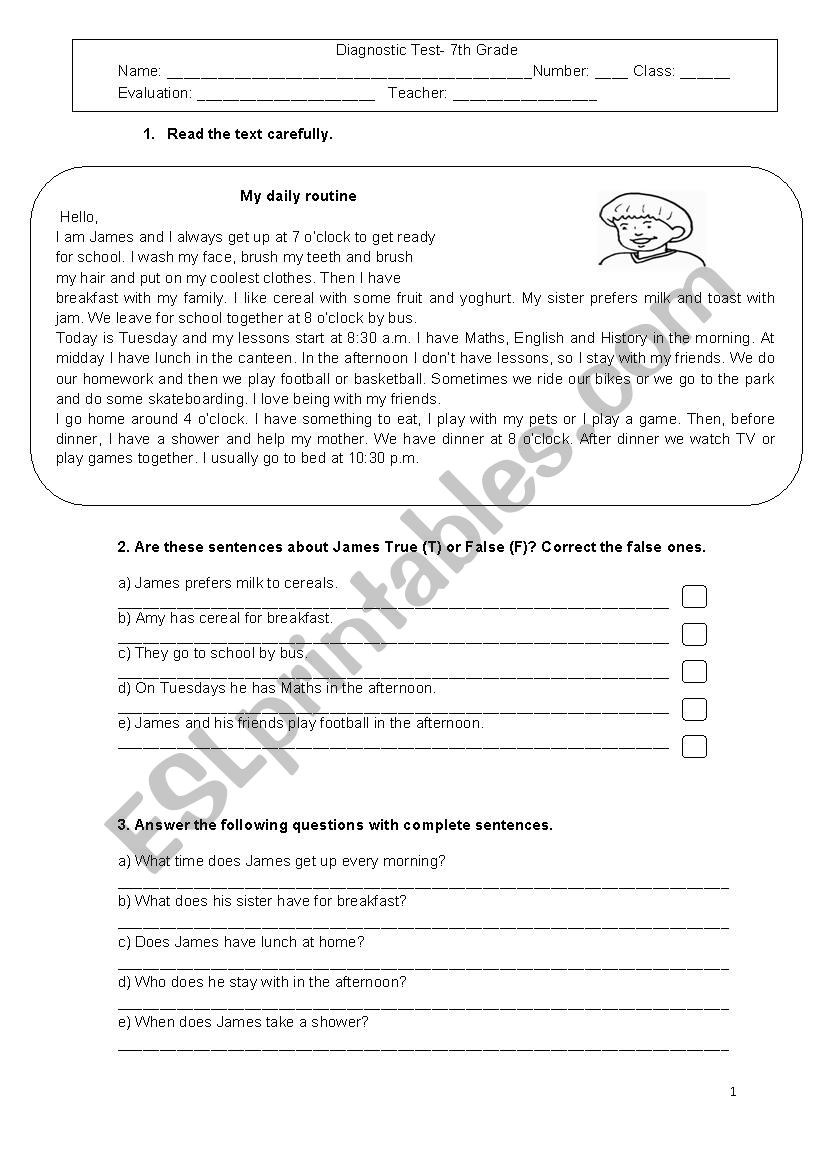 Diagnostic test - 7th grade worksheet