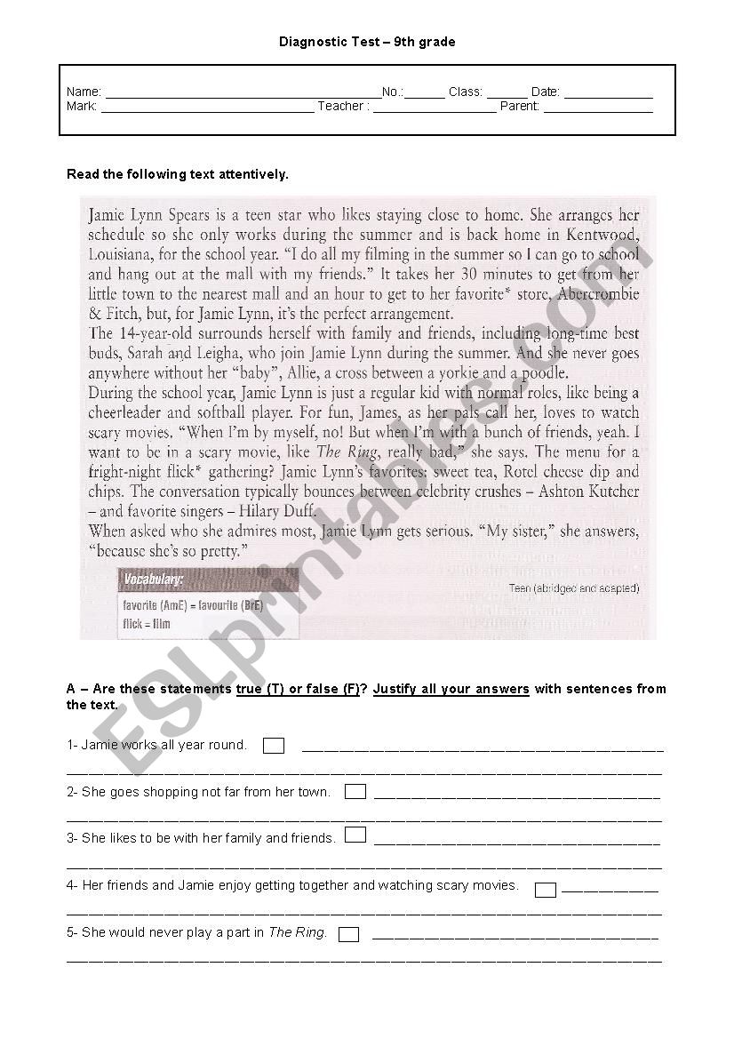 Diagnostic test - 9th grade worksheet