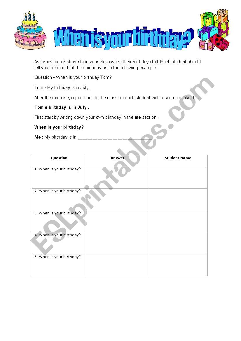 Birthday worksheet