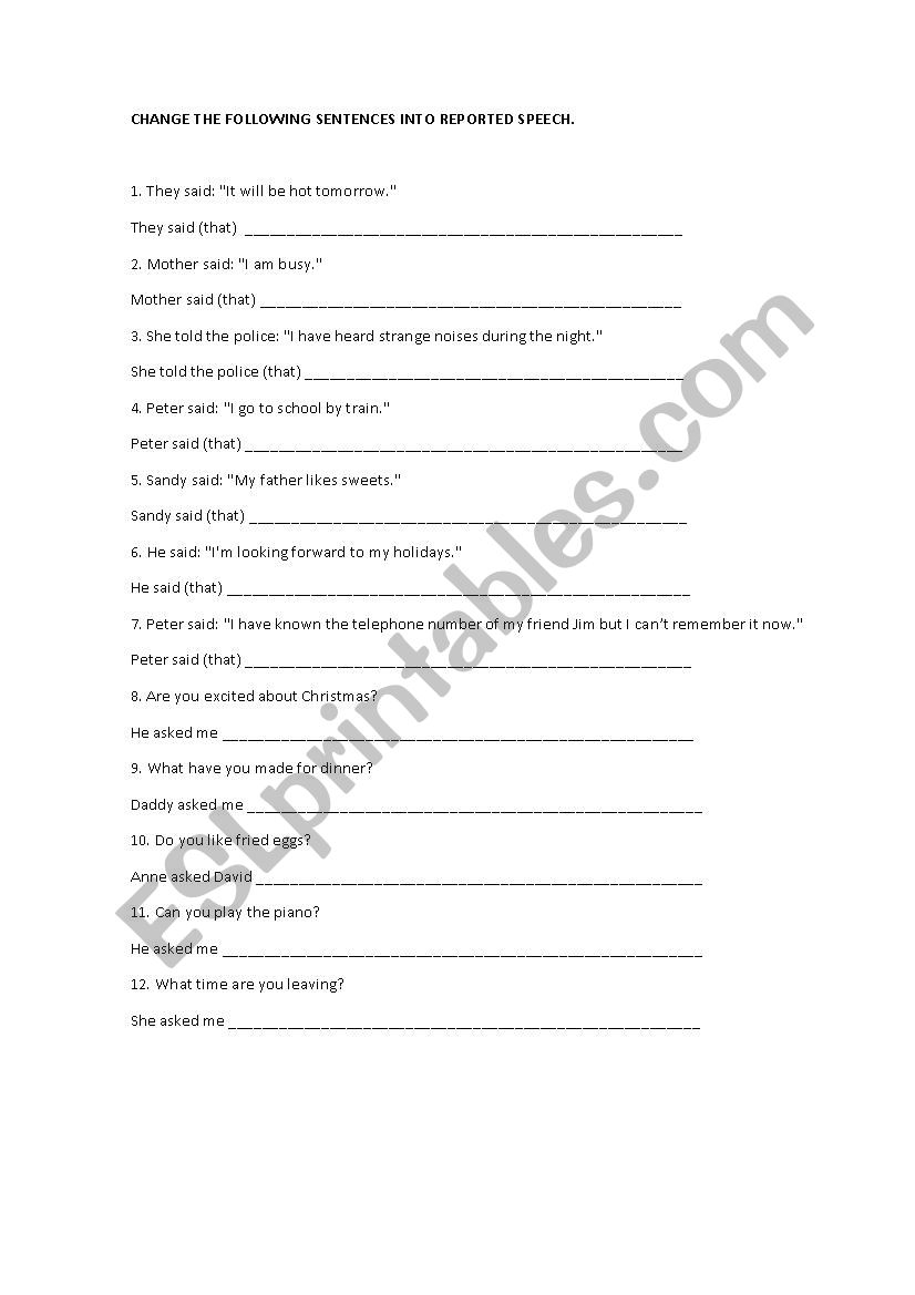 reported speech worksheet