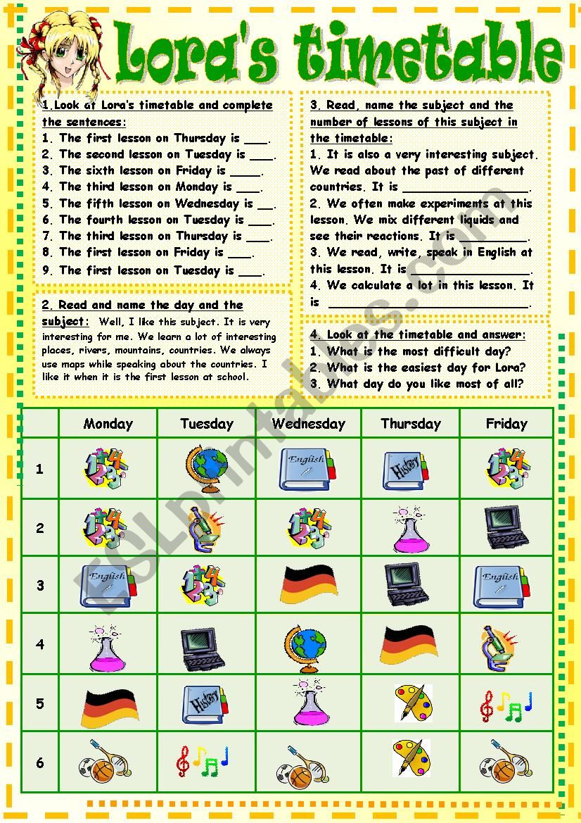 LoraÂ´s timetable worksheet