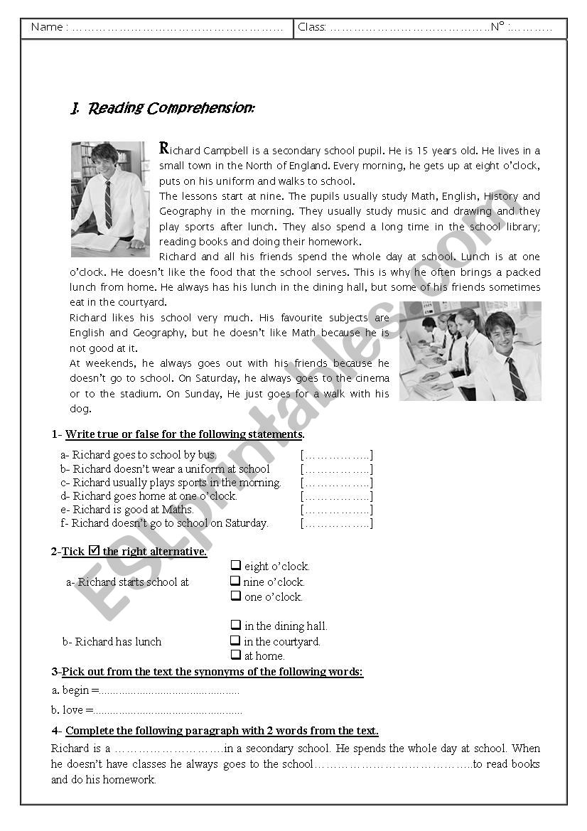 Reading and compreenhision worksheet