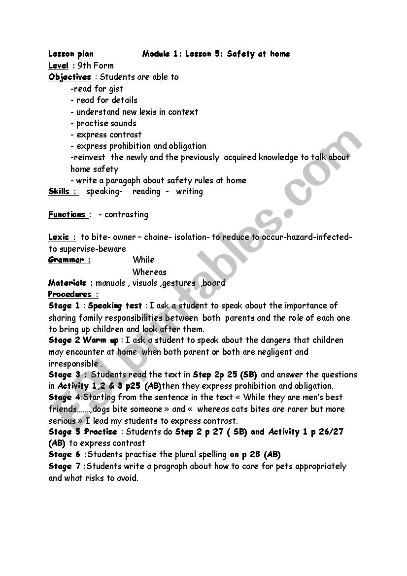 Module 1/Lesson 5 Safety at home 9th form ESL worksheet by eyyaa