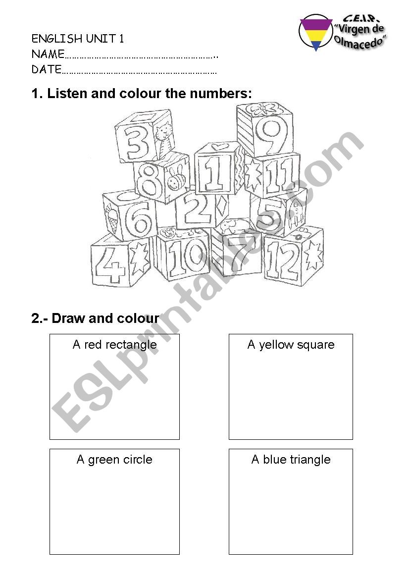 Colours size and shape test worksheet