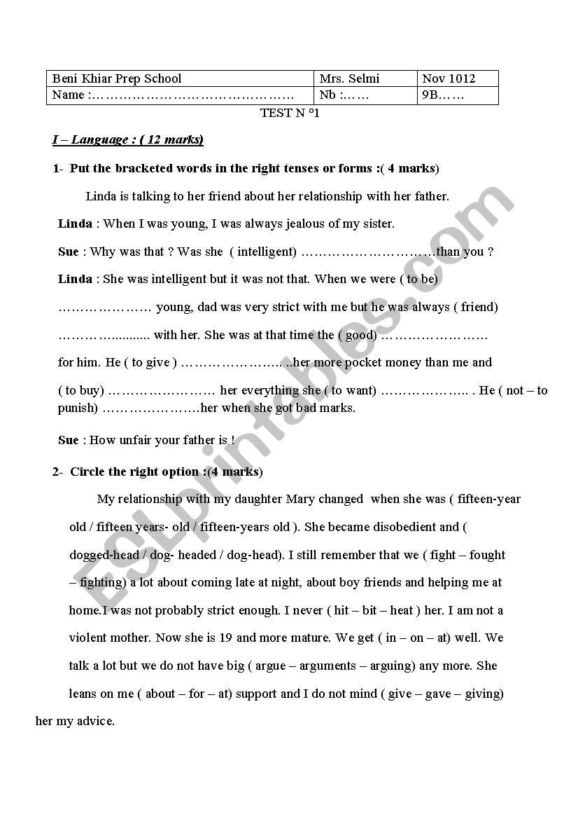 English test (9th grade) worksheet