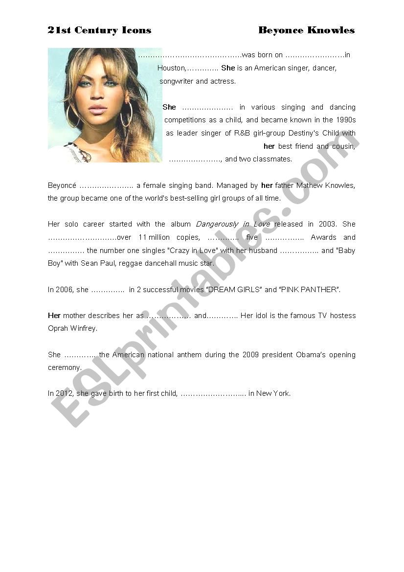 Beyonce Knowles biography worksheet