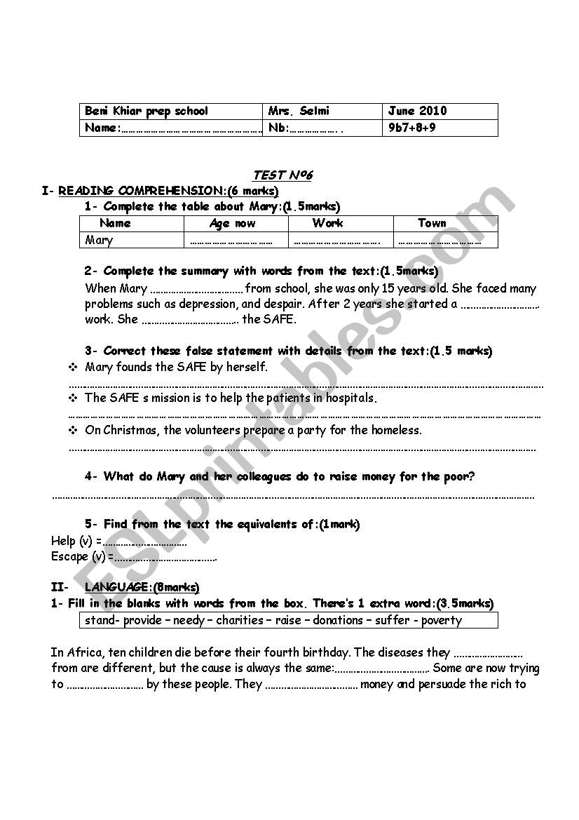  A worksheet ( 9th test) worksheet