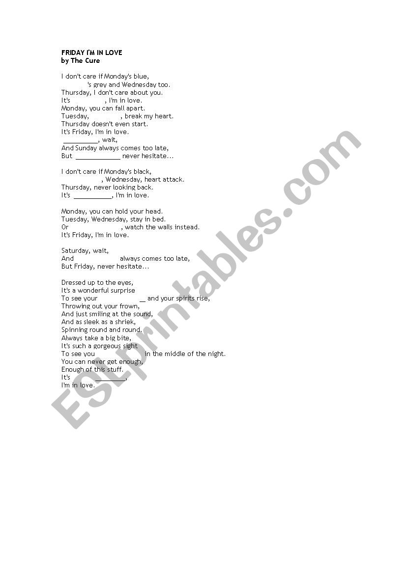 Friday Im in Love worksheet