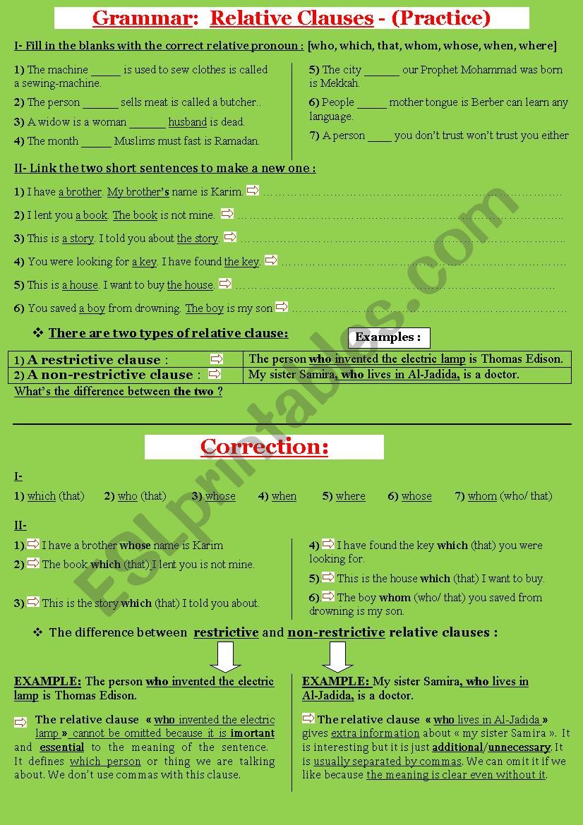 Grammar ws:  Relative pronouns & clauses !