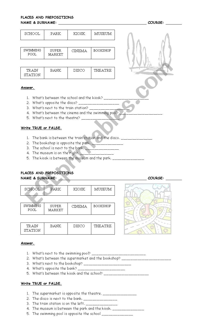 Places and prepositions worksheet