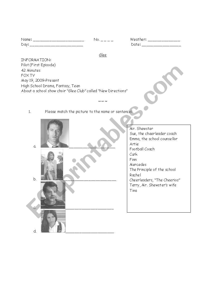 Glee Worksheet  worksheet