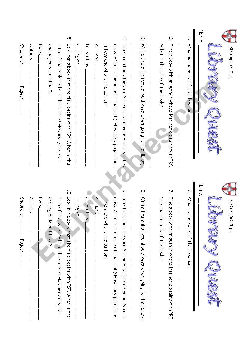 Library Quest worksheet