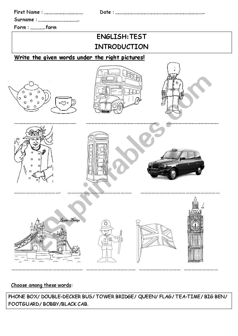 Introduction to English Test worksheet