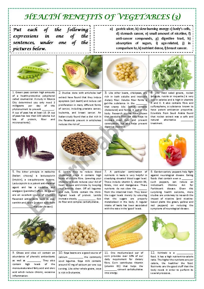 health benefits of vegetables part 3 (plus key) - esl