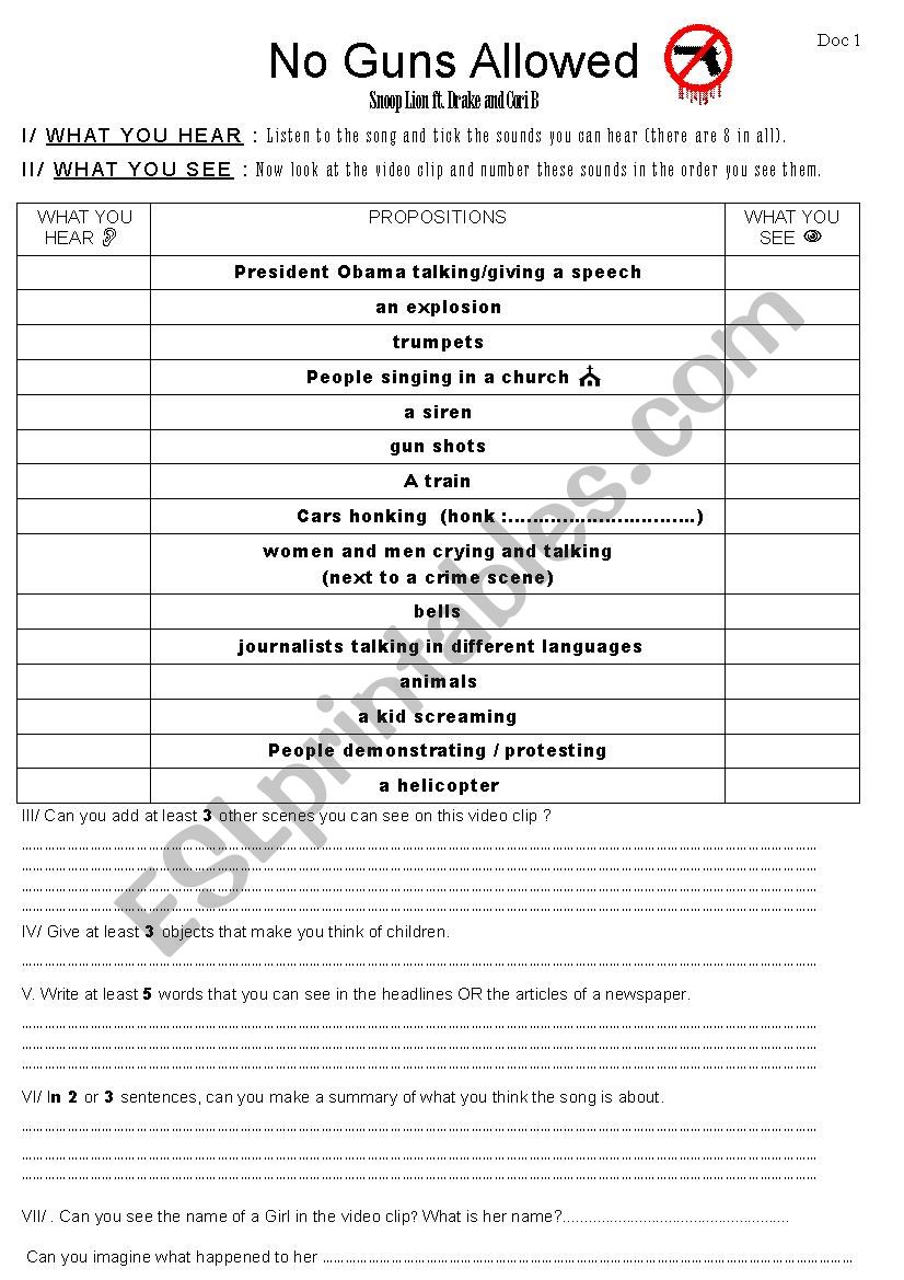 No Guns Allowed by Snoop Lion  worksheet