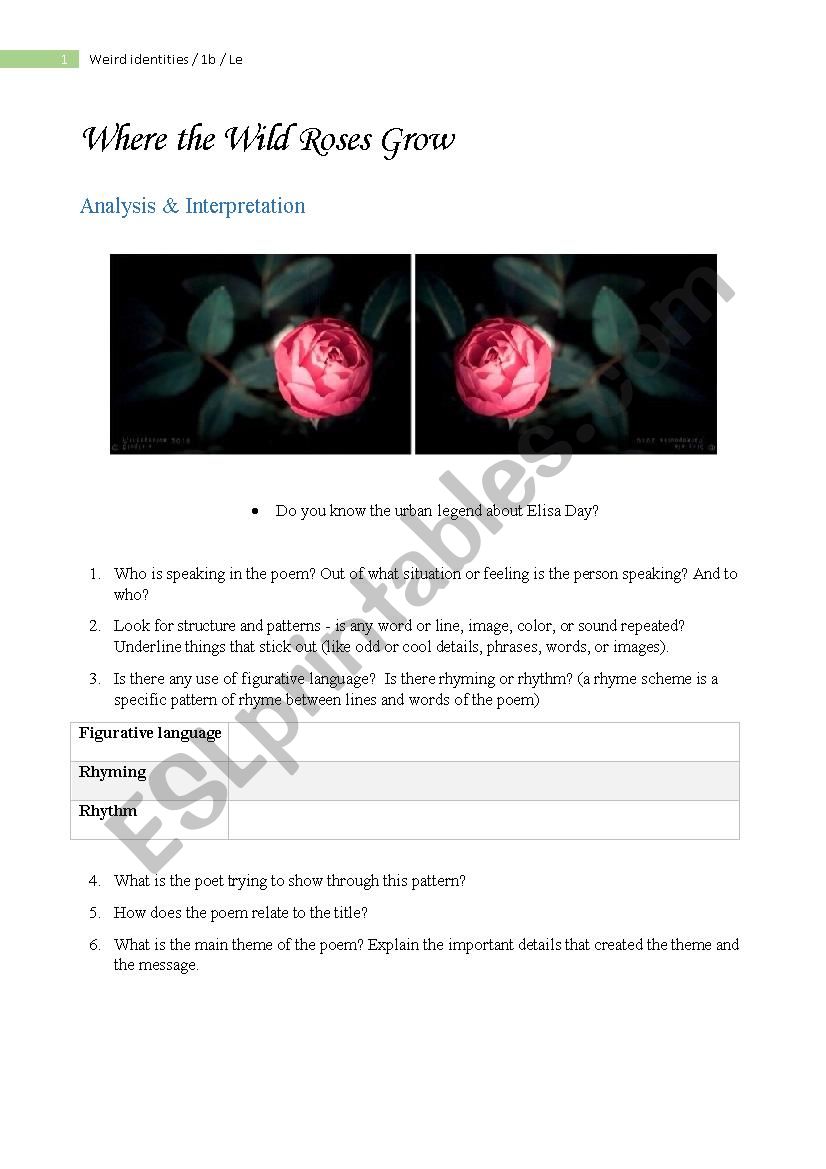 Where the Wild Roses Grow analysis worksheet