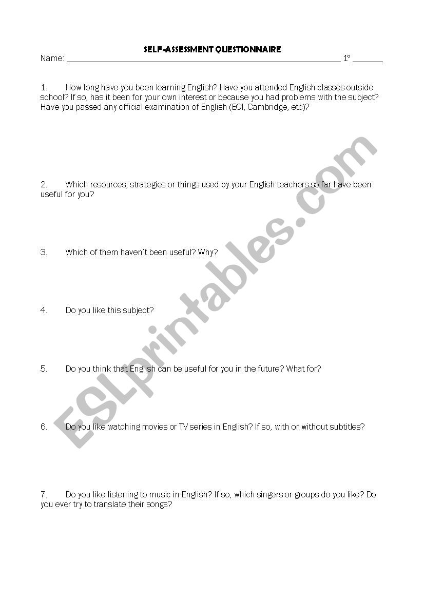self assessment questionnaire worksheet