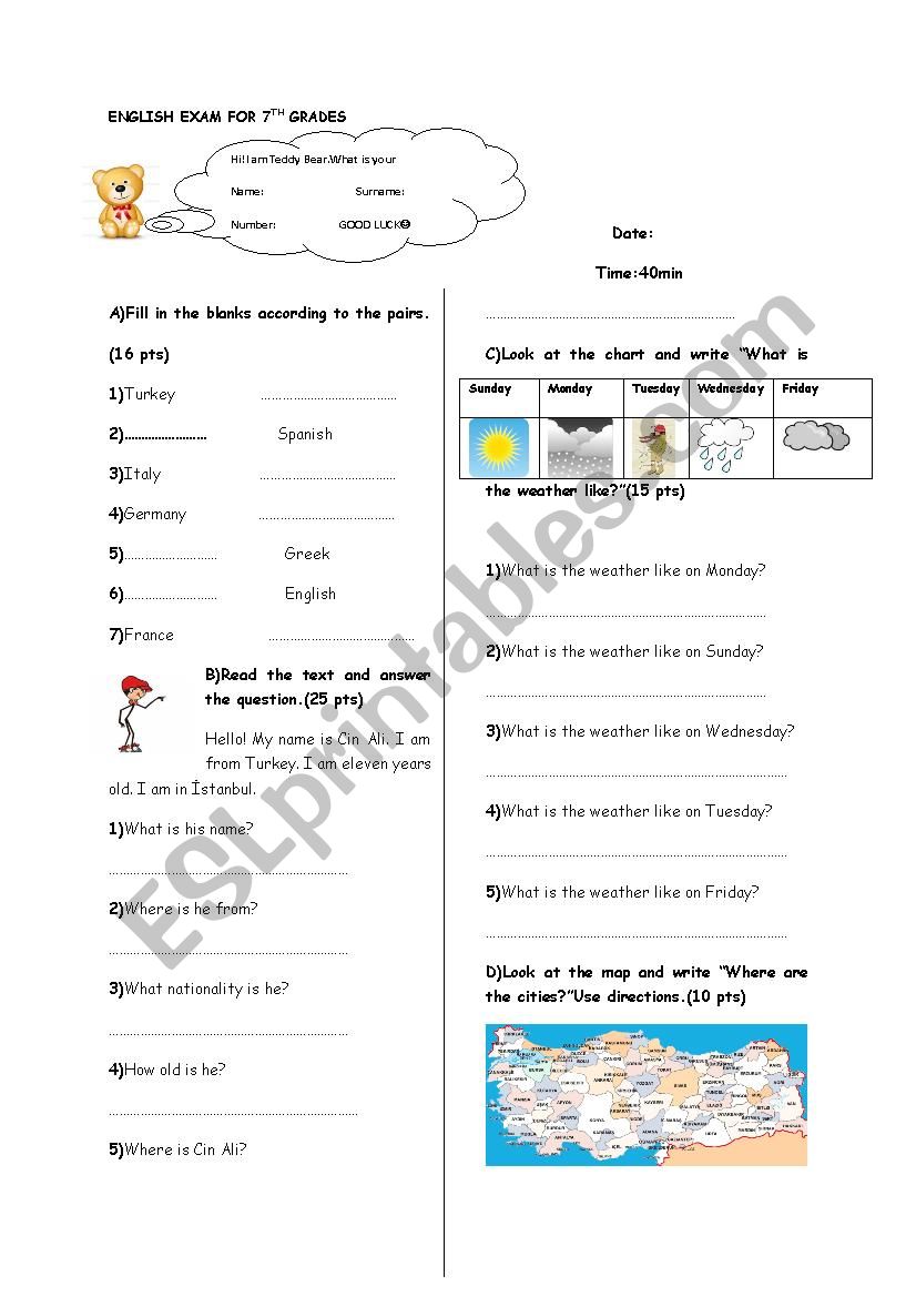 5th grade exam worksheet