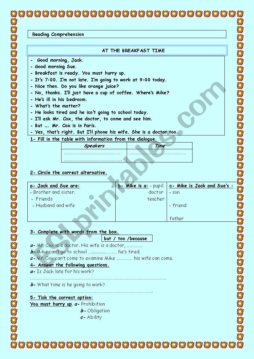 AT THE BREAKFAST TIME  worksheet